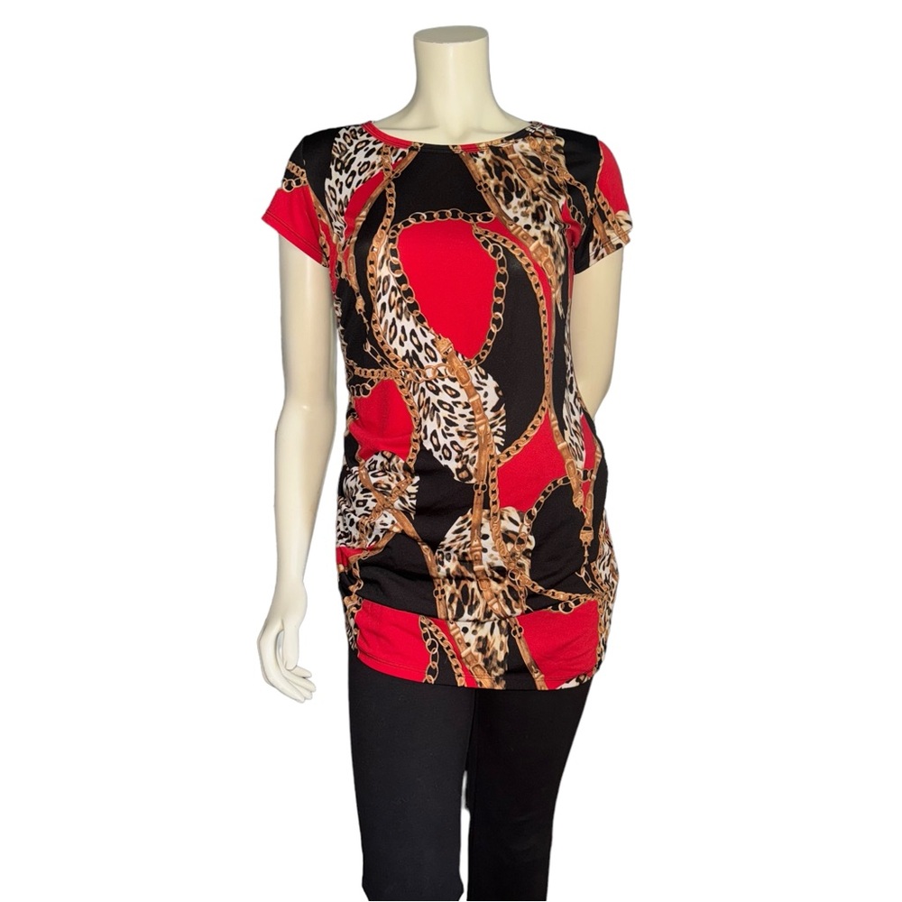 WILD LOVE Leopard & Paisley Print Short Sleeve Blouse Size L